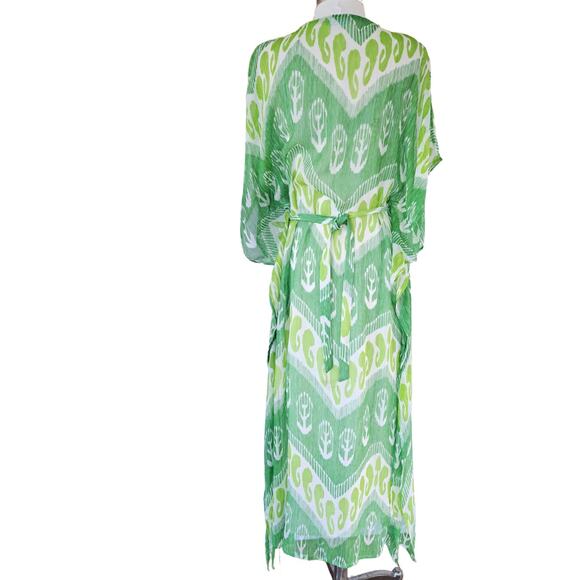 J. McLaughlin Libre Silk Caftan Maxi Dress Size M/L Resort Green Flowy Boho Chic - Picture 5 of 11